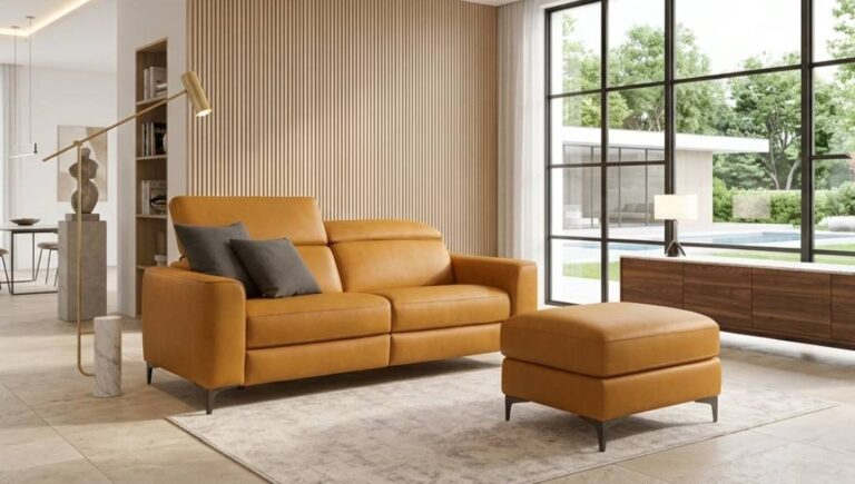 Divano Byron Small in pelle color ocra con pouf, Tino Mariani a Lissone