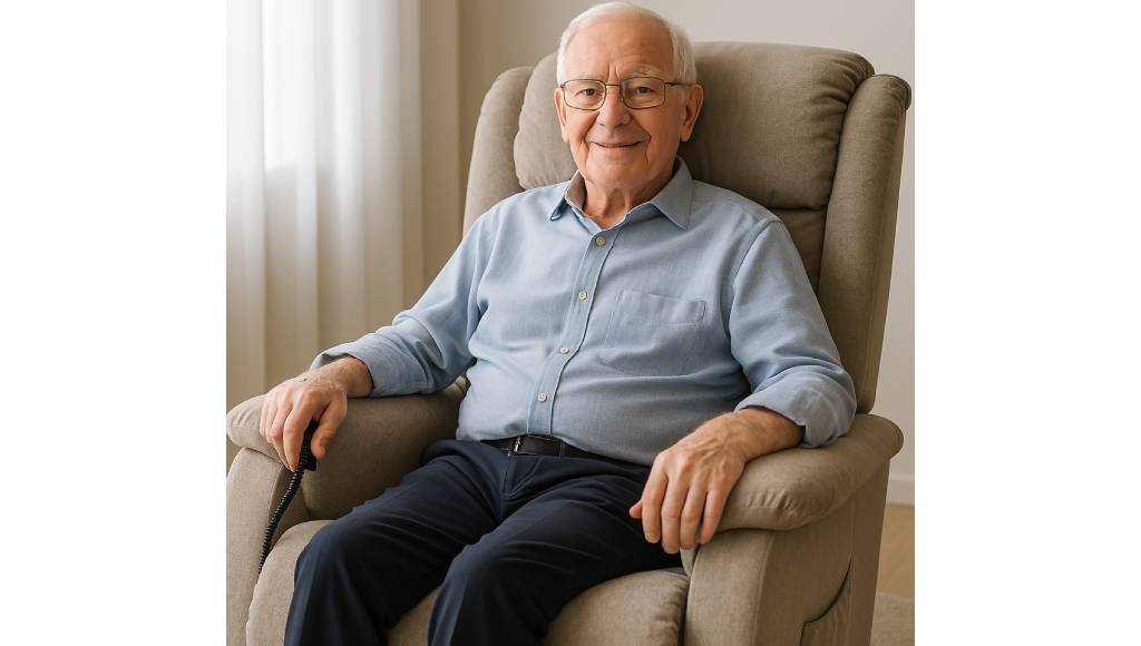 Uomo anziano seduto su poltrona relax alzapersona Tino Mariani – comfort e sicurezza per anziani a Lissone