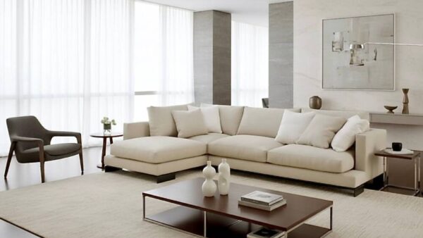 Divano moderno Isola su misura Tino Mariani a Lissone, morbido e profondo, imbottito in piuma d’oca bianca per un comfort eccezionale.