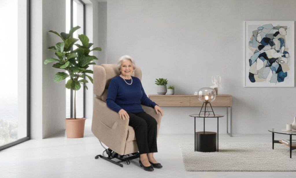 Signora Anziana Seduta Su Poltrona Relax Alzapersona In Soggiorno Comfort Made In Italy Tino Mariani Lissone