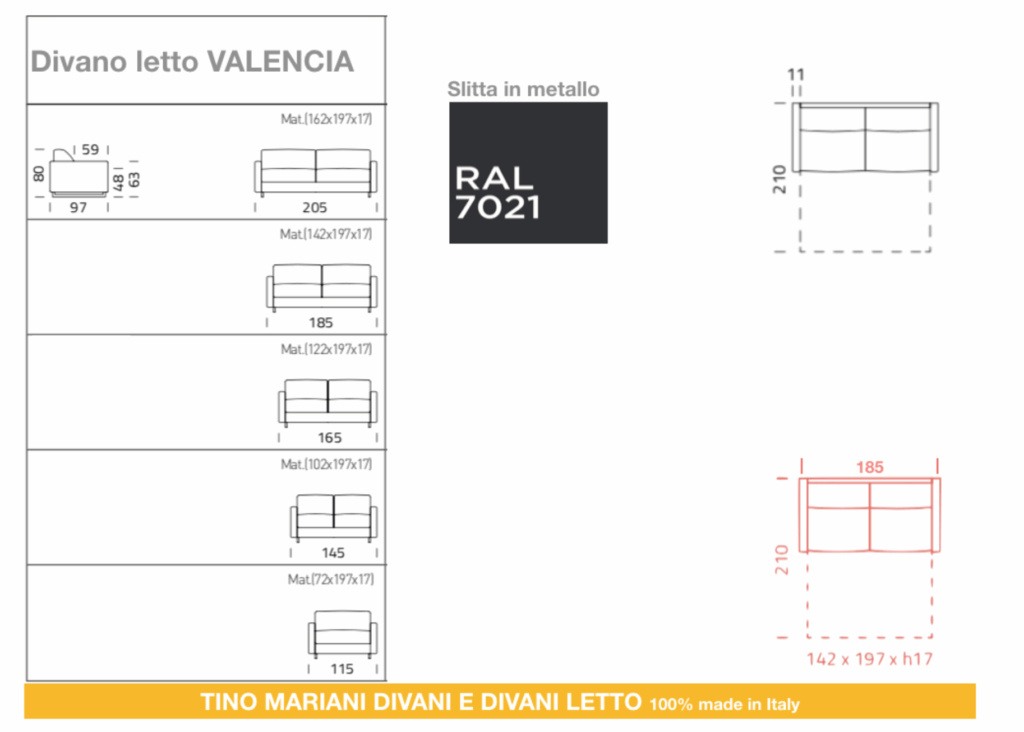 Dimensioni e misure del divano letto Valencia artigianale Tino Mariani