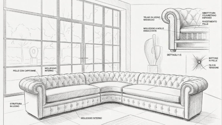 Disegno divano Chesterfield angolare in pelle Tino Mariani Lissone