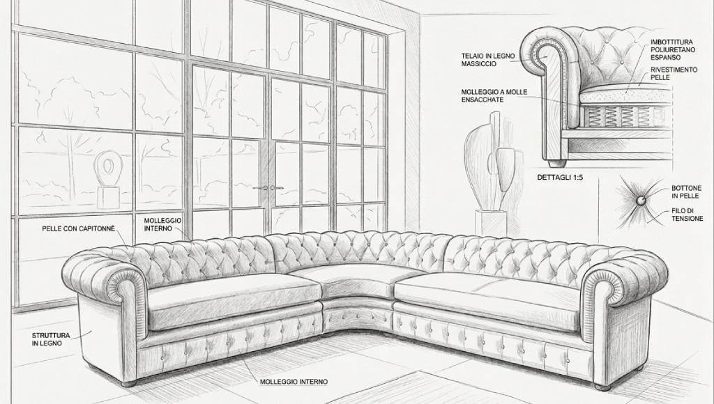 Disegno divano Chesterfield angolare in pelle Tino Mariani Lissone
