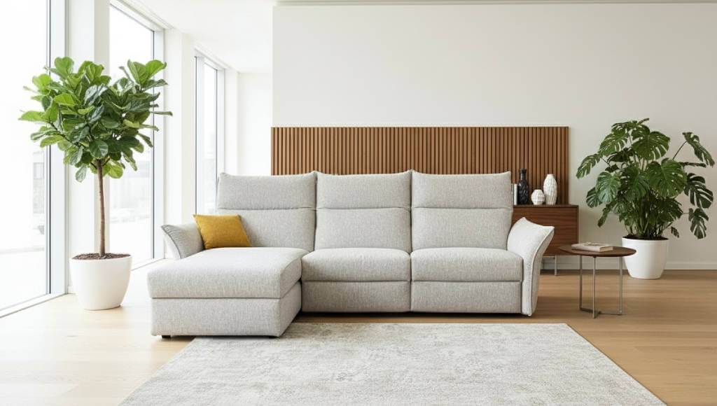 Divano Madeira con schienale alto e penisola in tessuto Aquaclean – Tino Mariani