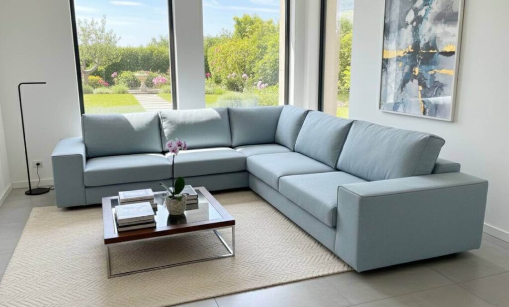 Divano angolare Blow su misura con chaise longue in tessuto misto lino sfoderabile realizzato artigianalmente da Tino Mariani a Lissone, Milano