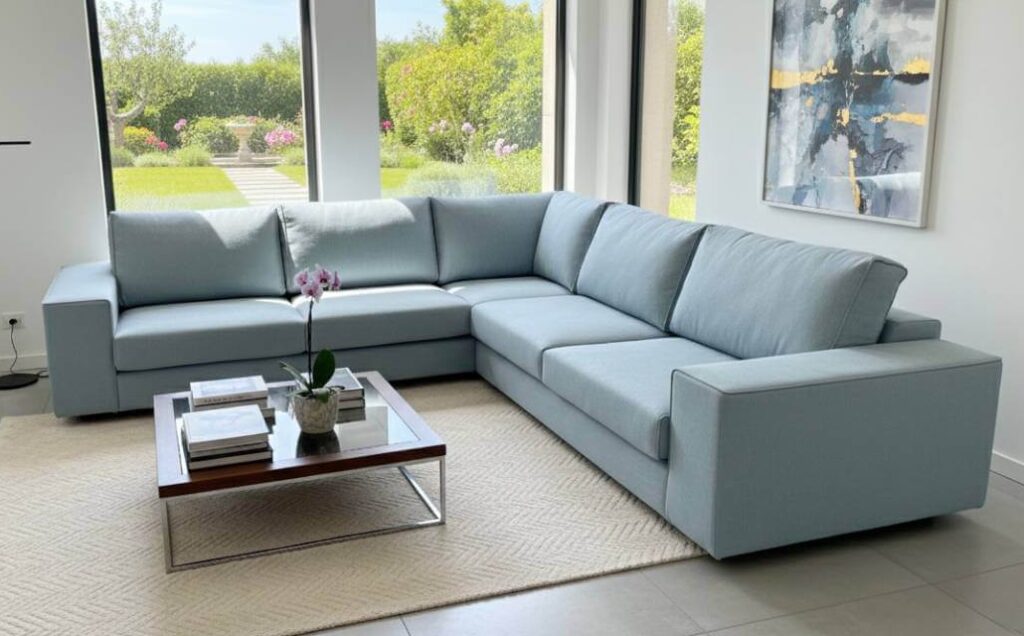 Divano angolare Blow su misura con chaise longue in tessuto misto lino sfoderabile realizzato artigianalmente da Tino Mariani a Lissone, Milano