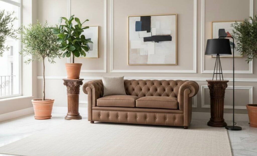 Divano Chester due posti grande in pelle pieno fiore colore tabacco artigianale Tino Mariani