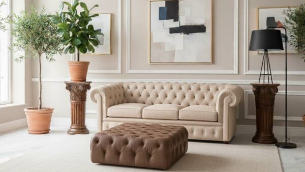 Divano Chesterfield 3 posti in pelle con pouf capitonné coordinato Tino Mariani