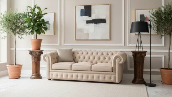 Divano Chesterfield 3 posti in pelle pieno fiore colore beige artigianale Tino Mariani