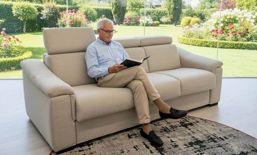 Divano Azzorre Tino Mariani con seduta alta per anziani – comfort, sostegno e design artigianale