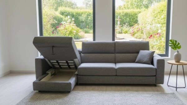 Divano letto con chaise longue contenitore Modular Pro in tessuto sfoderabile beige – Tino Mariani