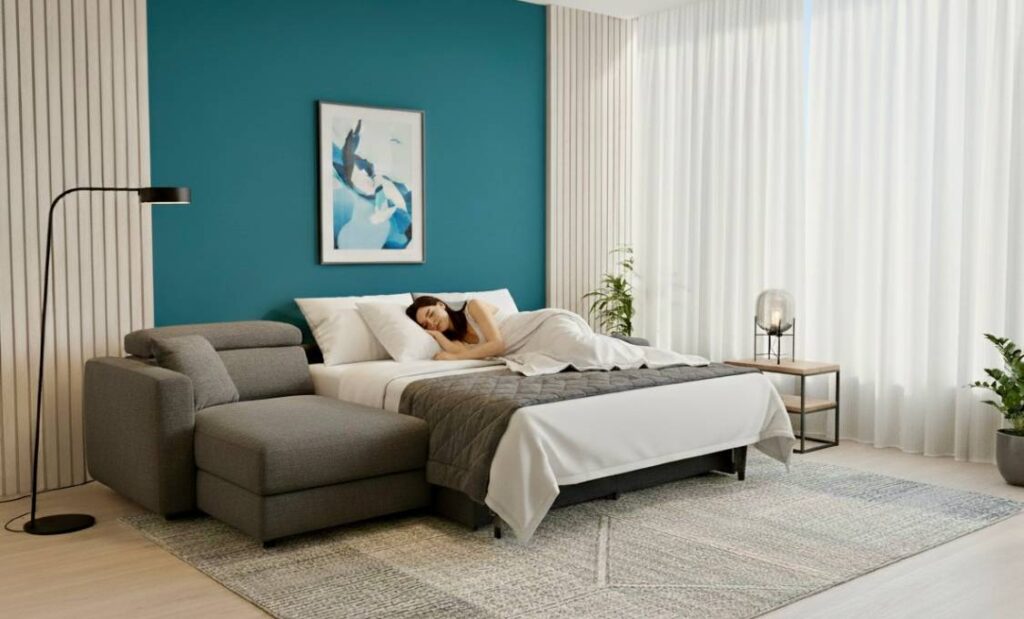 Divano letto Modular Pro con chaise longue in tessuto sfoderabile anti macchia per uso quotidiano - Tino Mariani