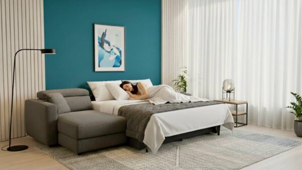 Divano letto Modular Pro con chaise longue in tessuto sfoderabile anti macchia per uso quotidiano - Tino Mariani