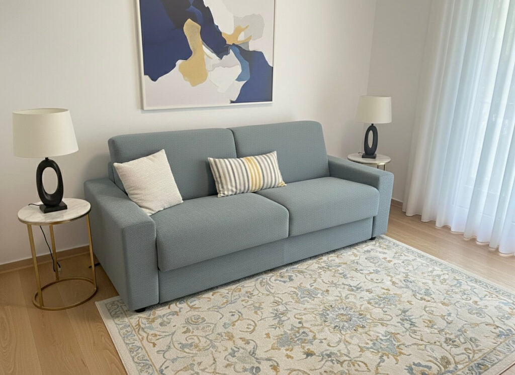 Divano letto matrimoniale colore avio in pronta consegna con materasso 160x195 h18 Tino Mariani