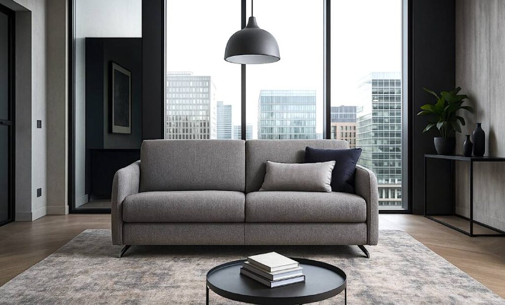 Divano letto moderno Praga Tino Mariani cm 200 con materasso 160x197 h13, rete a doghe e rivestimento in tessuto grigio antimacchia