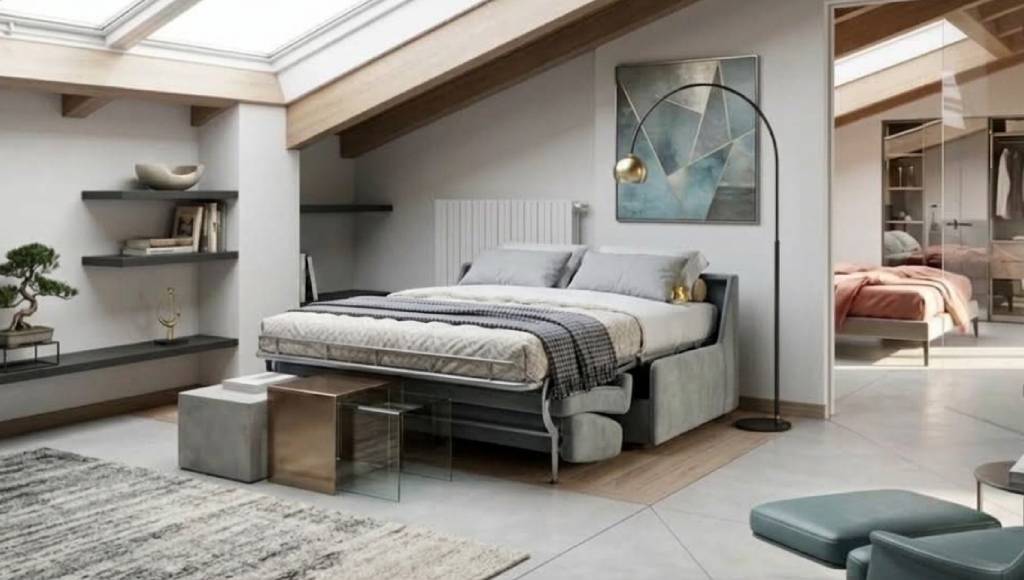 Divano letto matrimoniale Modular Plus con bracciolo stretto consegnato a Barzio