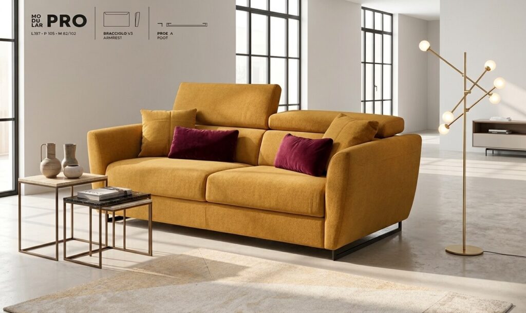 Divano letto Modular Pro Tino Mariani con materasso 17 cm e tessuto sfoderabile giallo ocra