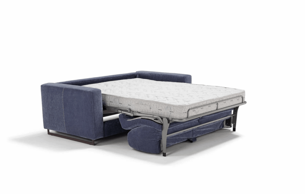 Divano letto Modular Standard aperto con rete ortopedica a doghe in legno e materasso in poliuretano espanso densità 35 kg/m³ h 17 cm