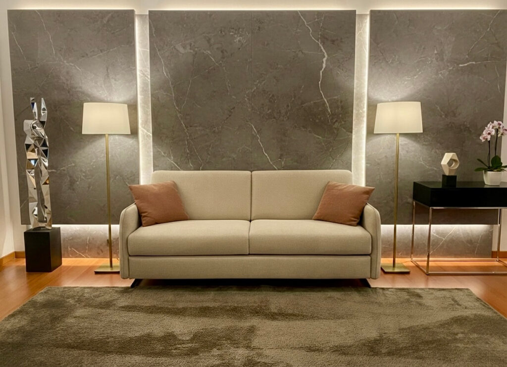 Divano letto matrimoniale Praga con rete a doghe in legno in pronta consegna a Milano – Tino Mariani