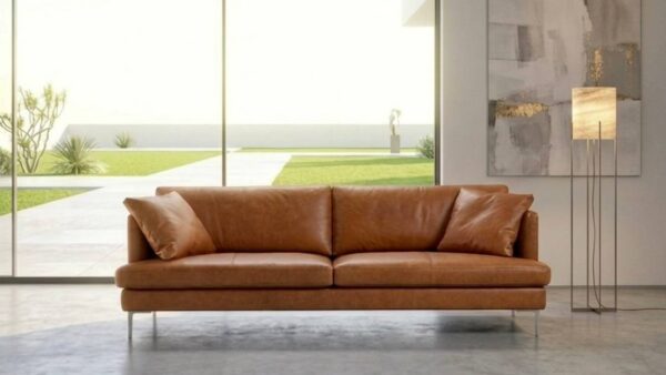 Divano moderno in pelle color cognac Manhattan di Tino Mariani