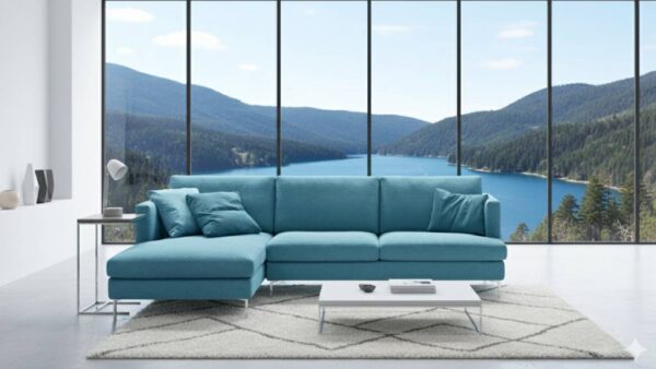 Divano moderno su misura Manhattan con chaise-longue Tino Mariani in tessuto sfoderabile ottanio con vista lago a Lissone