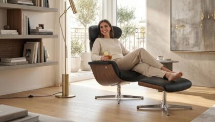 Poltrona relax Evolution girevole in vera pelle artigianale Tino Mariani