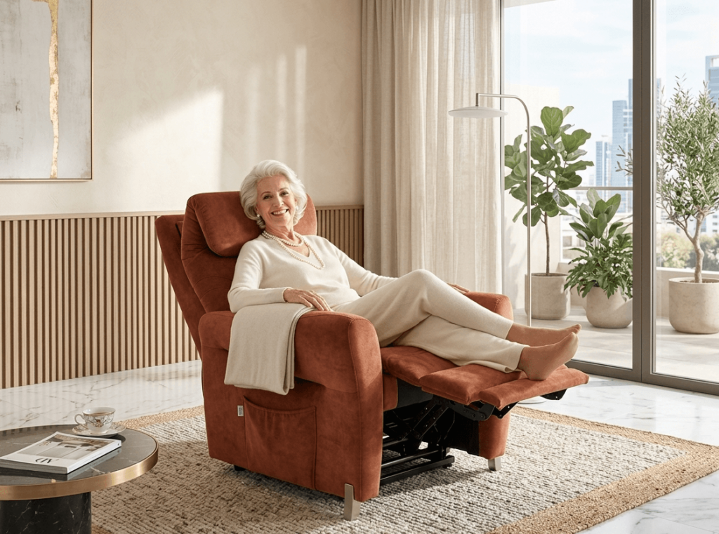 Poltrona relax Emilia a 4 motori in tessuto antimacchia