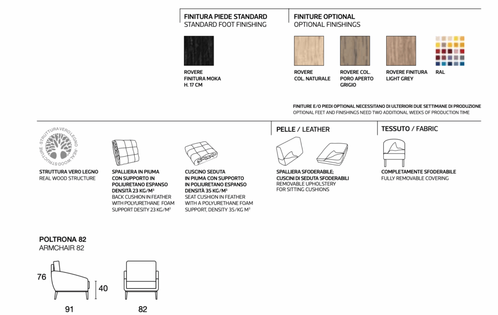 Scheda tecnica poltrona BRISTOL in tessuto o pelle – design moderno